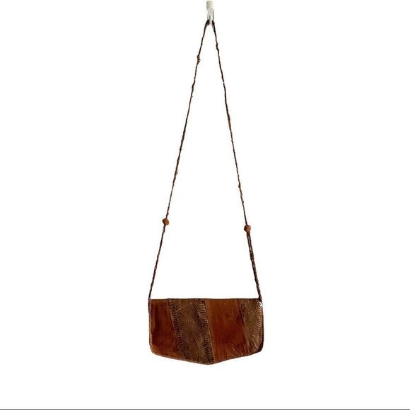 Vintage Handmade Brown Leather Snakeskin Shoulder Crossbody Clutch Purse Bag - Picture 3 of 14